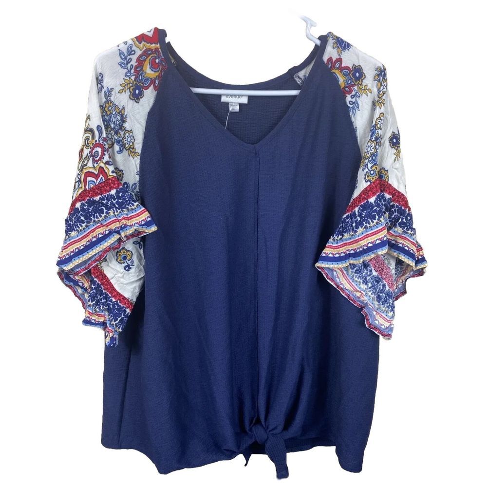 Avenue Blouse Womens Sz 14/16 Blue Boho Short Sleeve Tunic Shirt Floral Stretchy